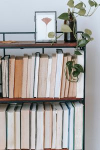 books, hanging plant, picture